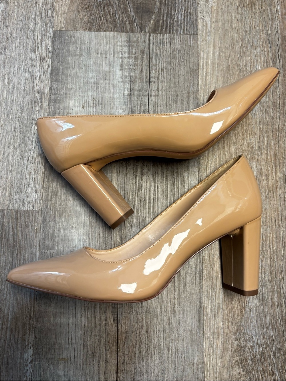 Jenn Ardor Patent Nude Block Heel Pumps